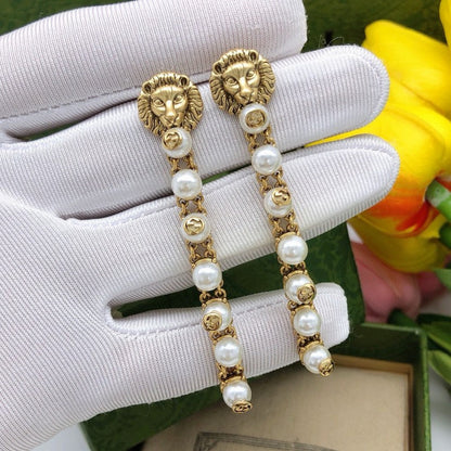 GG Lion Long Pearl Earrings