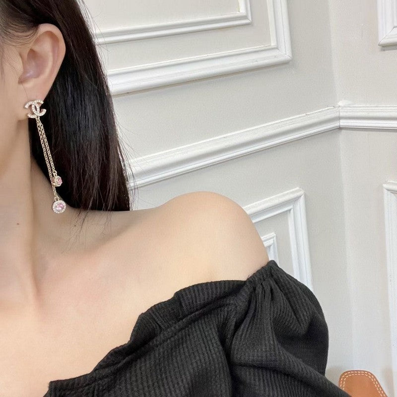 CC Pink Crystal Long Chain Earrings