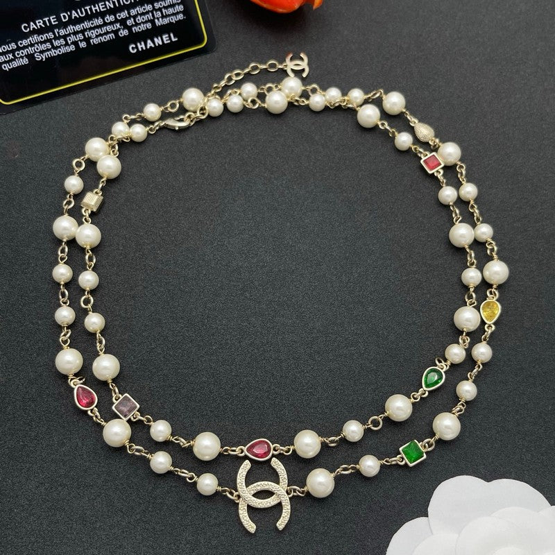 CC Color Crystal Pearl Long Necklace