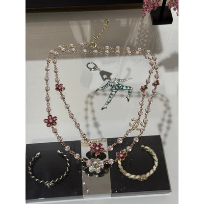 CC 26C Pink Crystal Flower Long Necklace
