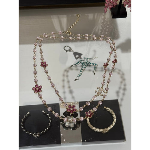 CC 26C Pink Crystal Flower Long Necklace