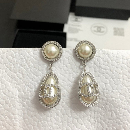 CC Pave Diamond Pearl Drop Earrings