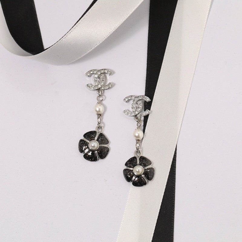 CC Black & Pink Camellia Diamond Long Earrings