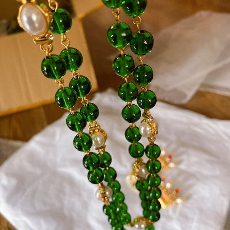 CC Long Green & White Pearls Necklace