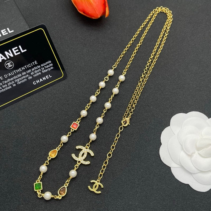 CC Color Crystal Pearl Long Chain Necklace