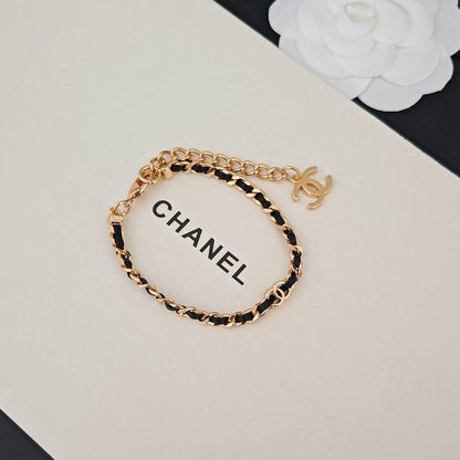 CC Black Leather Gold Chain Bracelet