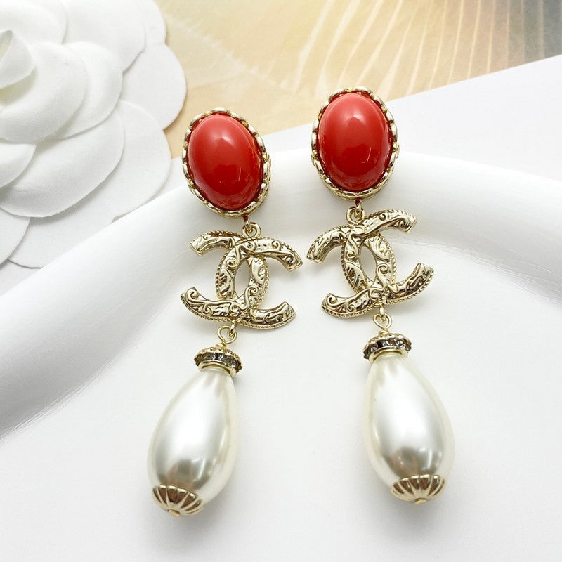 CC 24C Red Pearl Gold Earrings
