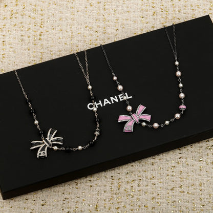 CC 25B Pink & Black Bow Pearl Necklace