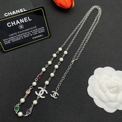 CC Color Crystal Pearl Long Chain Necklace
