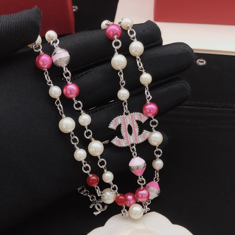 CC Pink & White Pearl Long Necklace