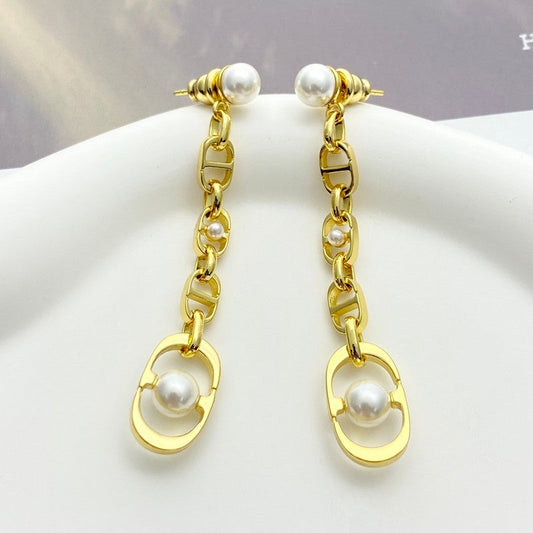 CD Pearl Gold Tassel Earrings