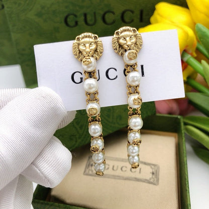 GG Lion Long Pearl Earrings