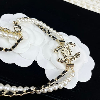 CC Pearl Chain Leather Necklace