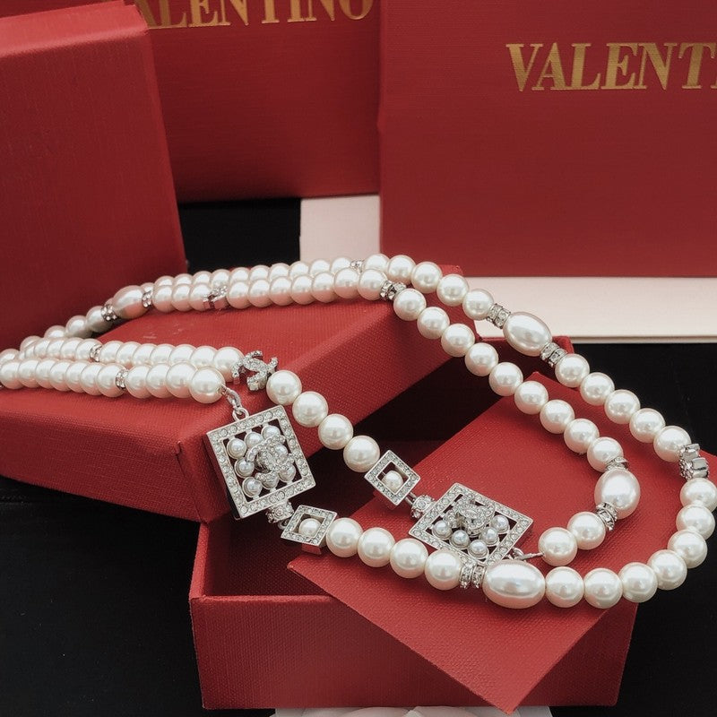 CC Square Diamond Long Pearl Necklace
