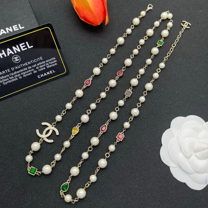CC Color Crystal Pearl Long Necklace