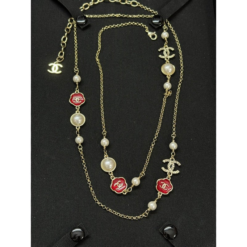 CC Red Flower Pearl Long Necklace