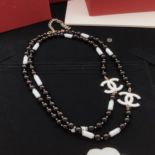 CC White Logo Long Black Pearl Necklace