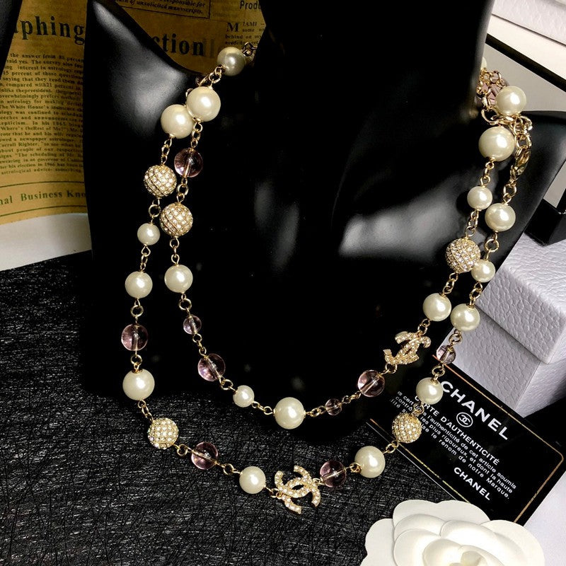 CC Pink Glass Pearl Long Necklace