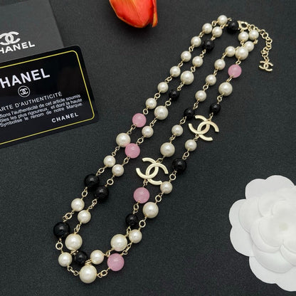 CC Black & Pink Bead Pearl Long Necklace