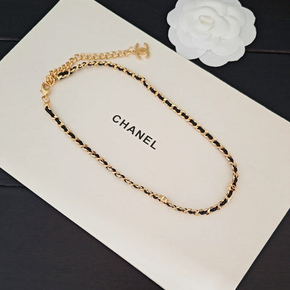 CC Black Leather Gold Chain Necklace