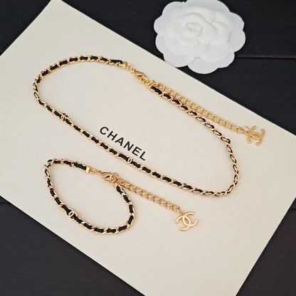 CC Black Leather Gold Chain Necklace