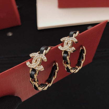 CC Black Leather Gold Earrings