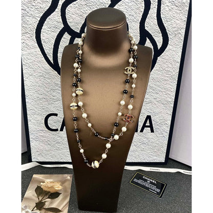 CC Black & White Beads Pearl Long Necklace