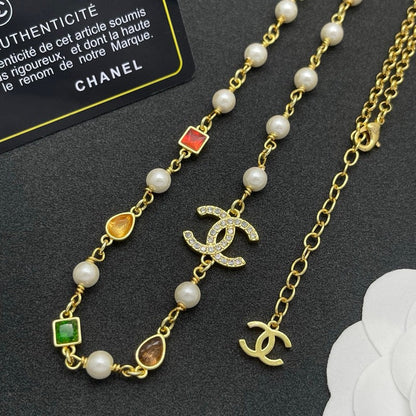 CC Color Crystal Pearl Long Chain Necklace