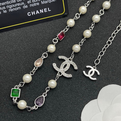 CC Color Crystal Pearl Long Chain Necklace