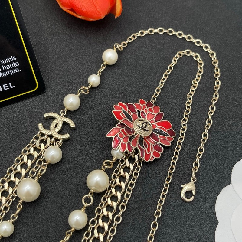 CC Red Flower Pearl Long Chain Necklace