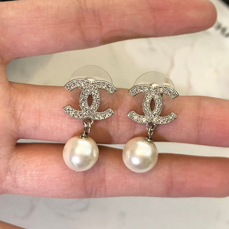 CC Diamond & Pearl Drop Earrings