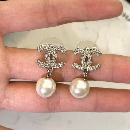 CC Diamond & Pearl Drop Earrings