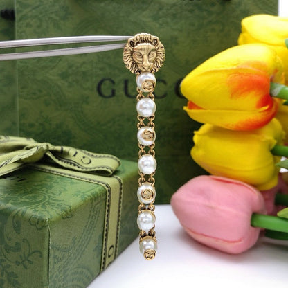 GG Lion Long Pearl Earrings
