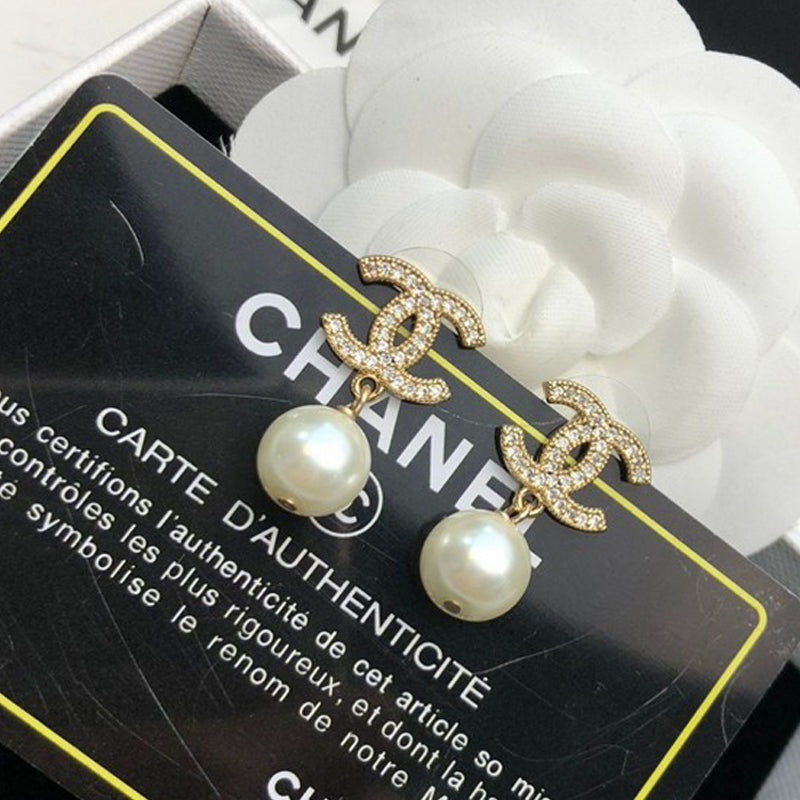 CC Diamond & Pearl Drop Earrings