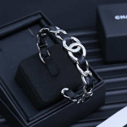 CC 25P Black Leather Open Cuff Bracelet