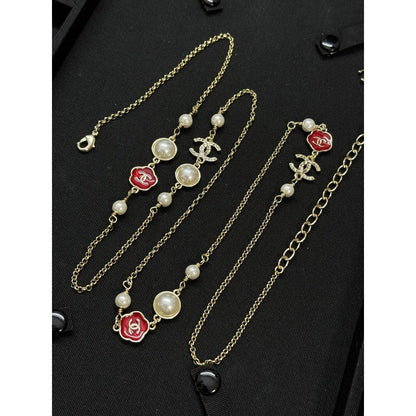 CC Red Flower Pearl Long Necklace