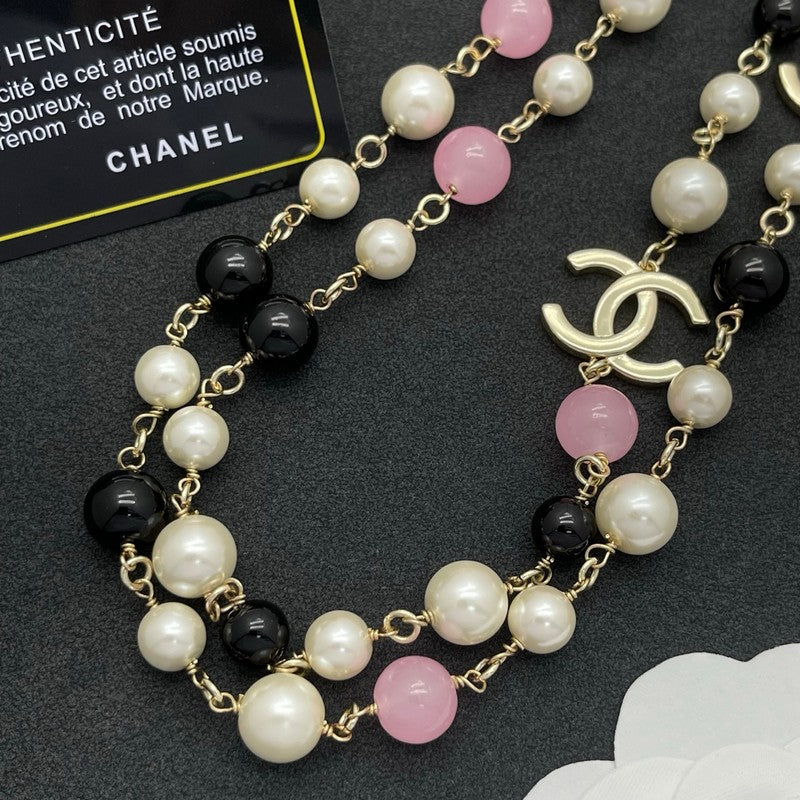 CC Black & Pink Bead Pearl Long Necklace