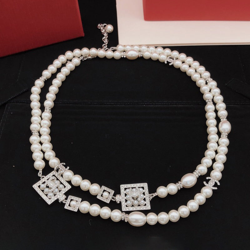 CC Square Diamond Long Pearl Necklace