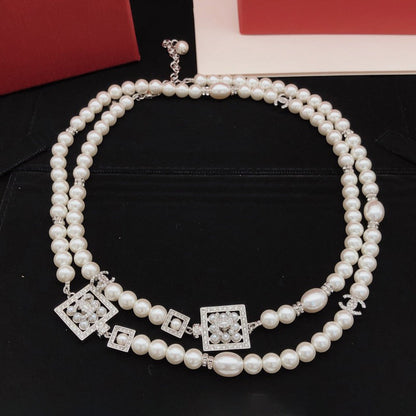 CC Square Diamond Long Pearl Necklace
