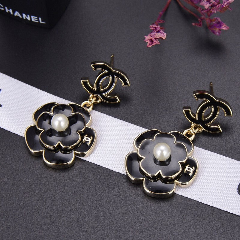 CC Black Gold Camellia Pendant Earrings