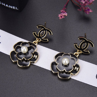 CC Black Gold Camellia Pendant Earrings