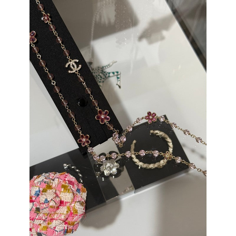 CC 26C Pink Crystal Flower Long Necklace