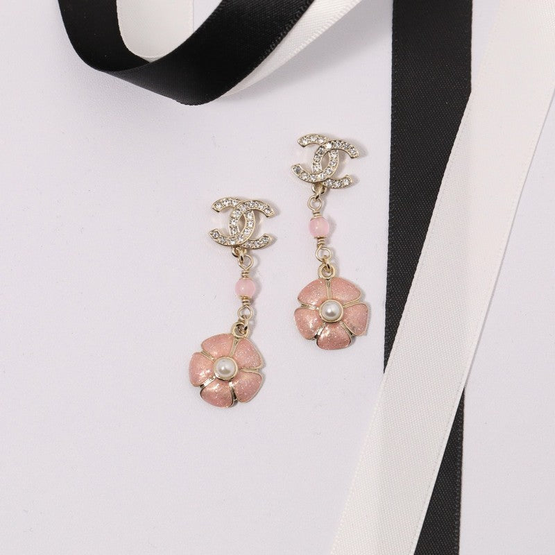 CC Black & Pink Camellia Diamond Long Earrings