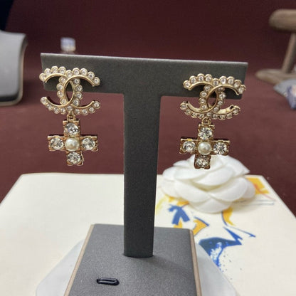 CC Cross Pearl & Diamond Earrings