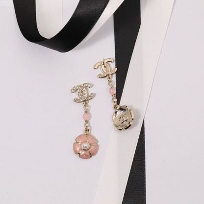 CC Black & Pink Camellia Diamond Long Earrings