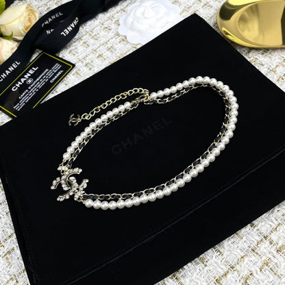CC Pearl Chain Leather Necklace