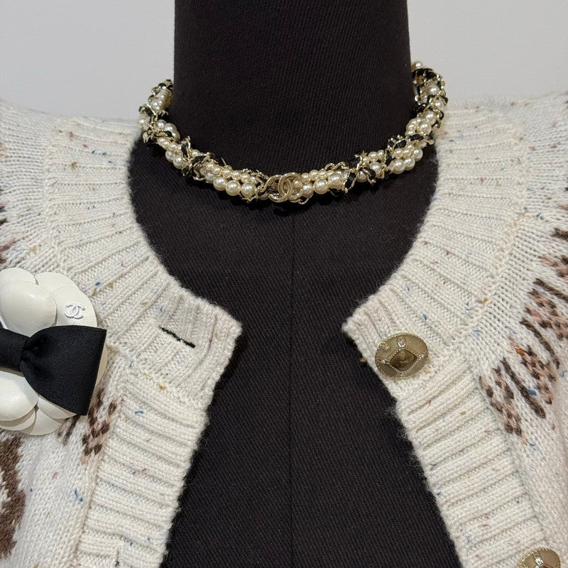 CC Pearl Leather Choker Necklace